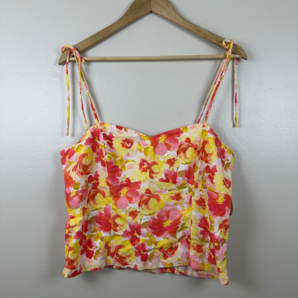 Old Navy Women's M Cami Pink Yellow Orange Floral Linen Blend Smocked Crop Top